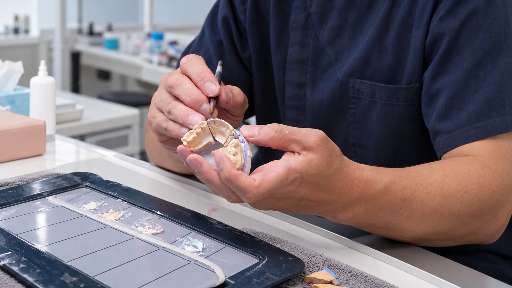 A master ceramist in navy scrubs at the bench, a fine brush in one hand and the case's stone model in the other