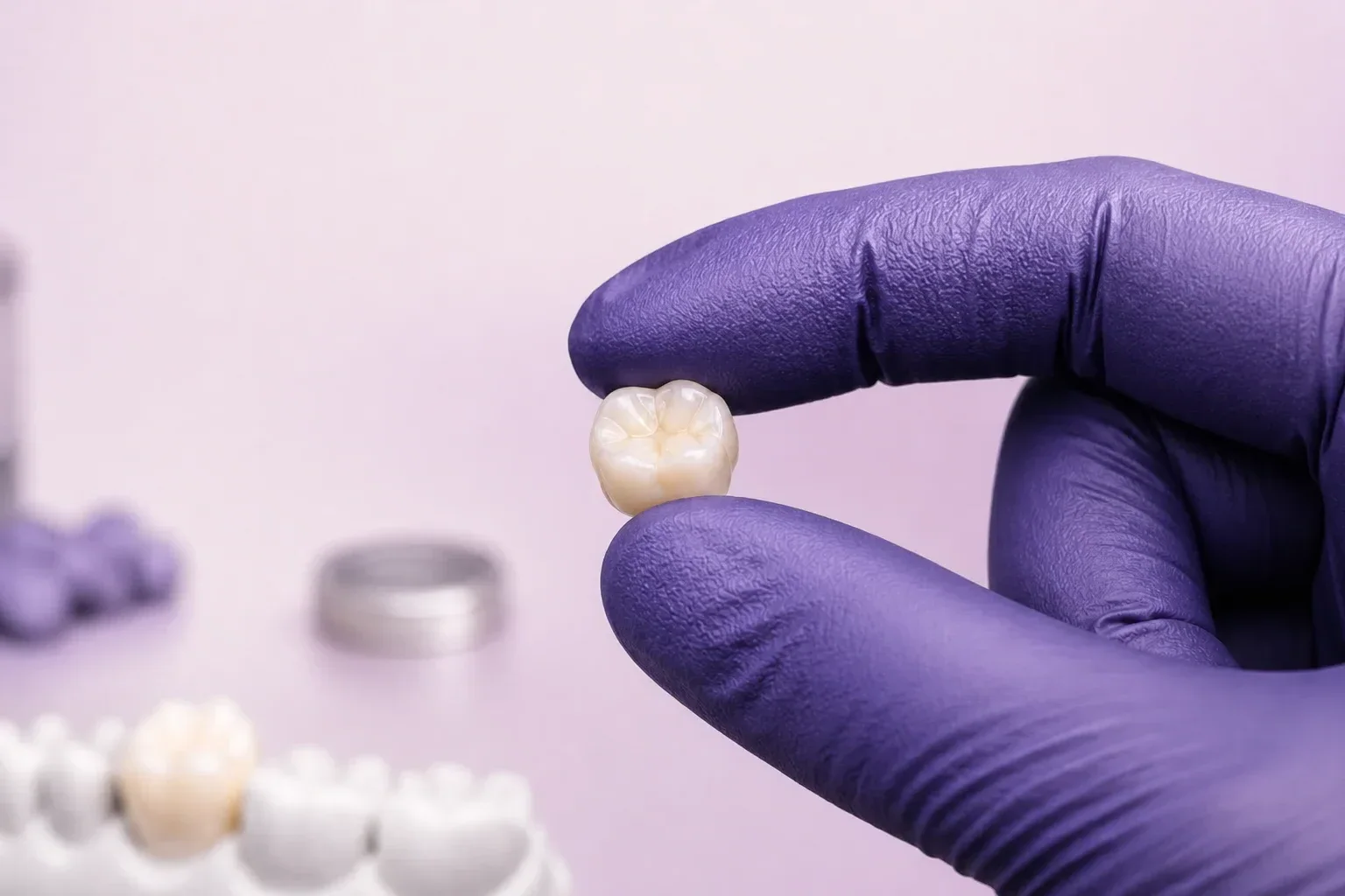 A finished molar crown held at true scale between two gloved fingertips, the master model waiting behind it