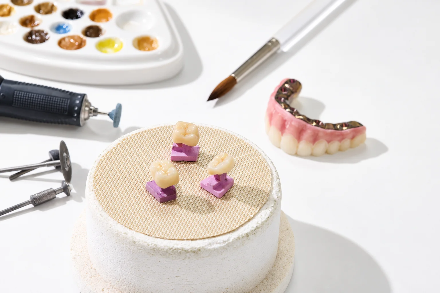 Three finished crowns on a firing tray beside a stain palette and a fine brush