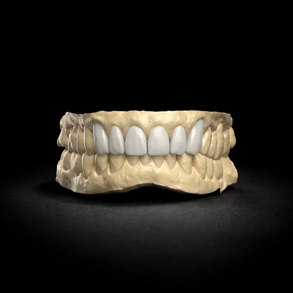 The ideal anterior form waxed in white onto a stone model, on a black ground