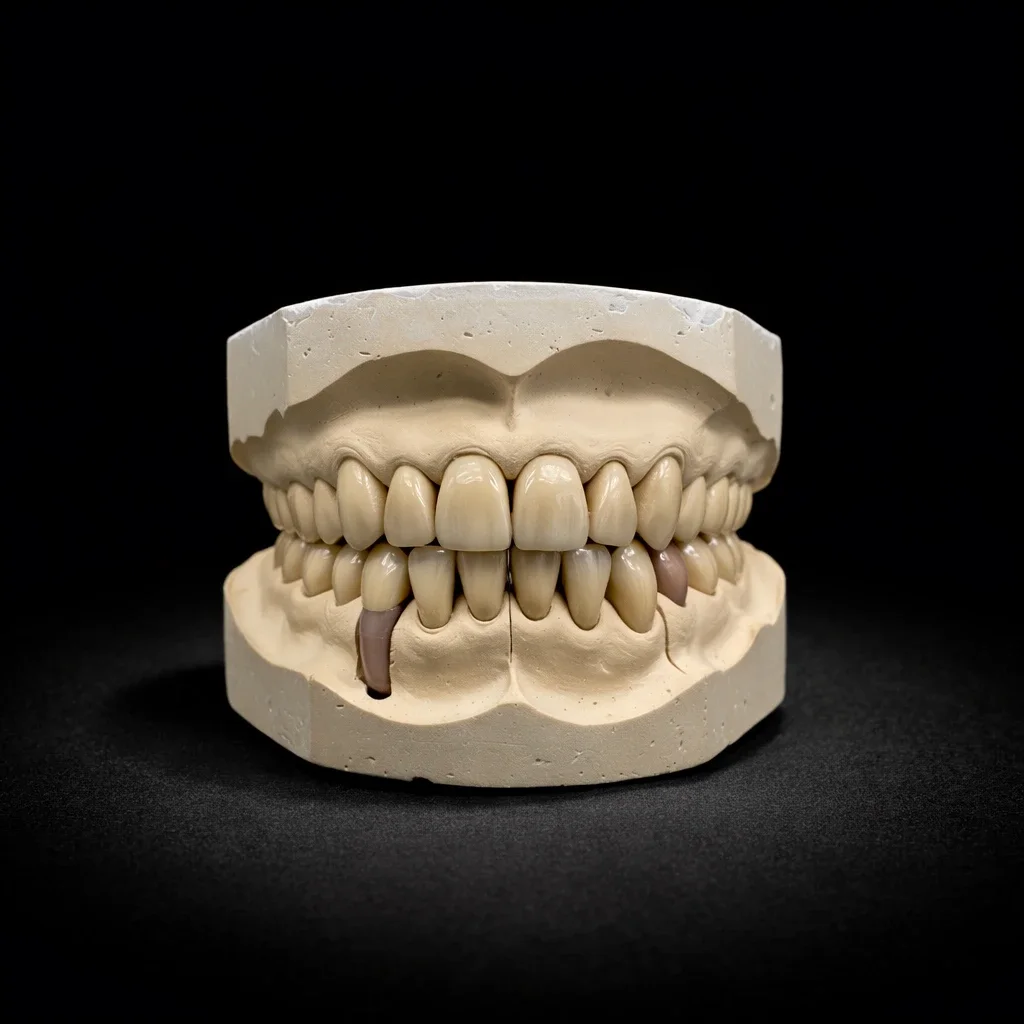 A printed full-arch diagnostic wax-up seated in the articulated models, on a black ground