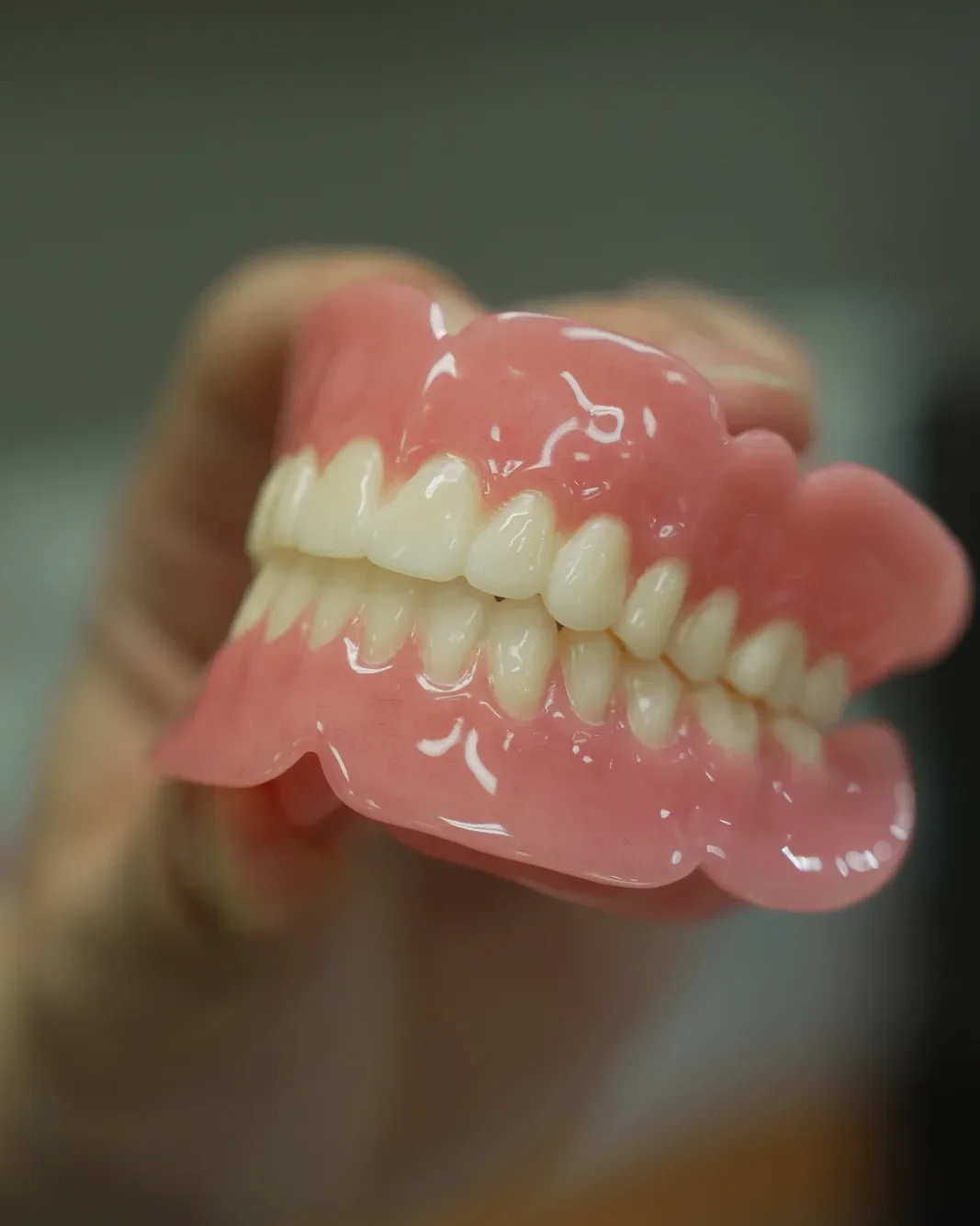 A complete denture pair held up in a gloved hand at the Dentlink lab
