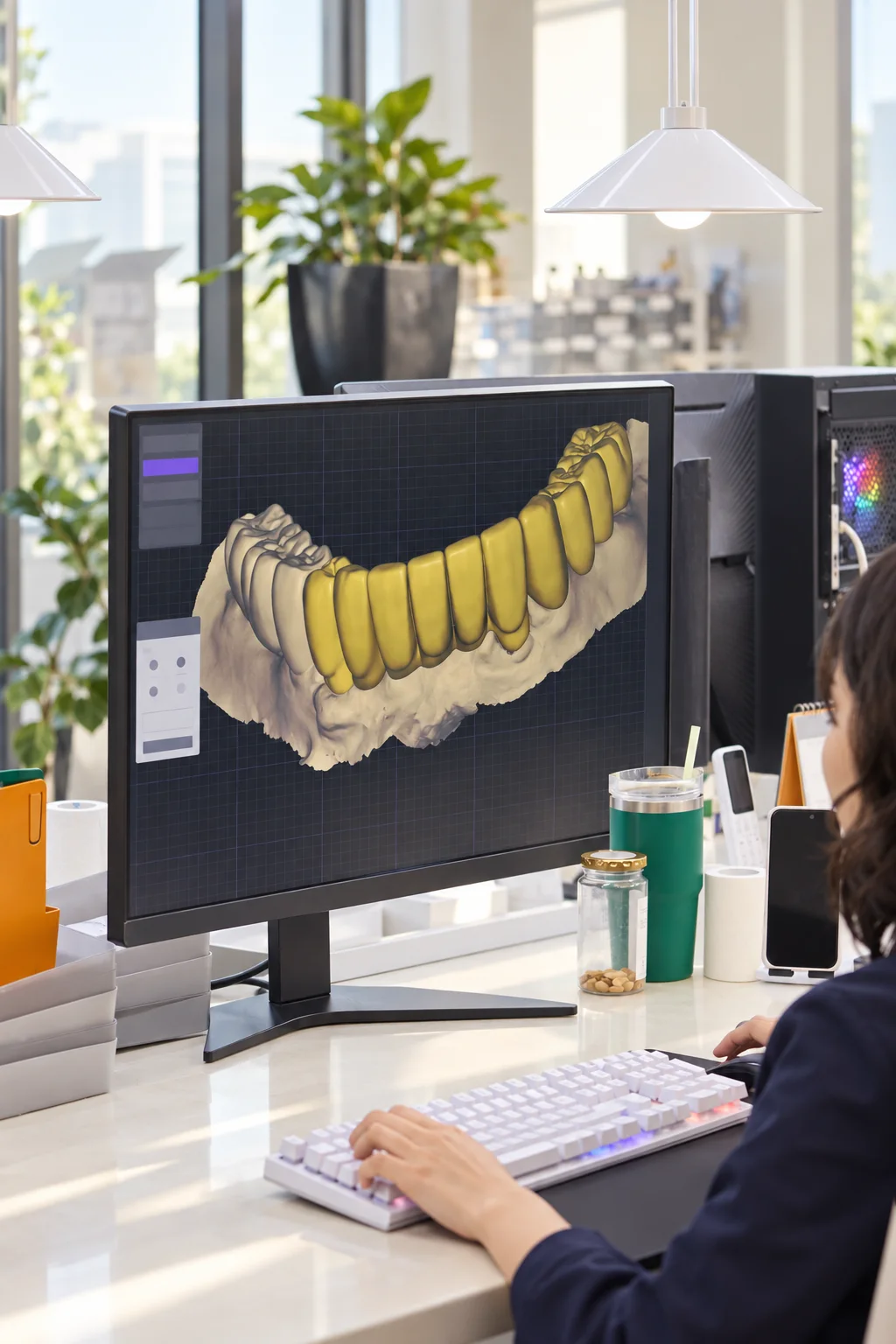 A CAD designer at her monitor with a full-arch crown design on the screen
