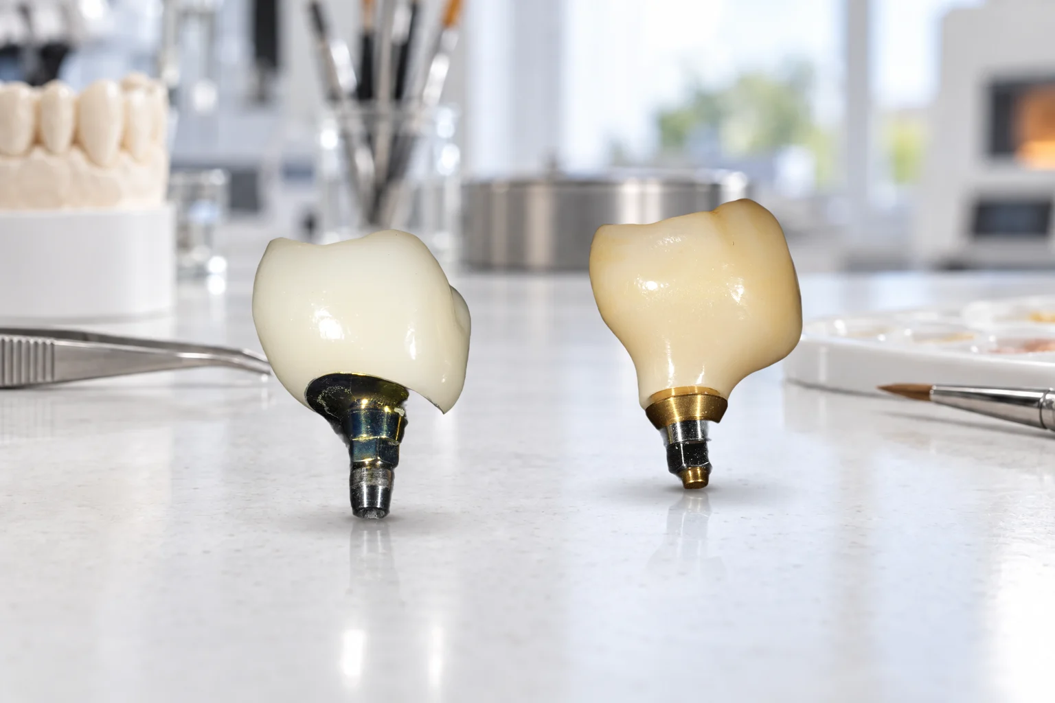 Two implant crowns, each already bonded on its own titanium abutment, standing on a lab bench