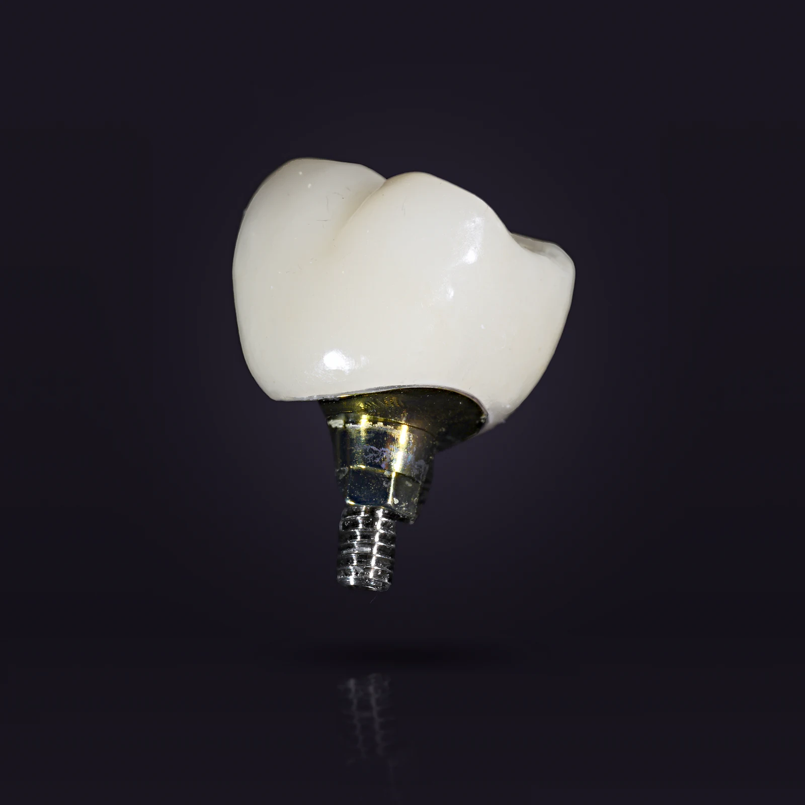 A zirconia implant crown bonded on its custom titanium abutment, the abutment screw below it, lit on a dark ground