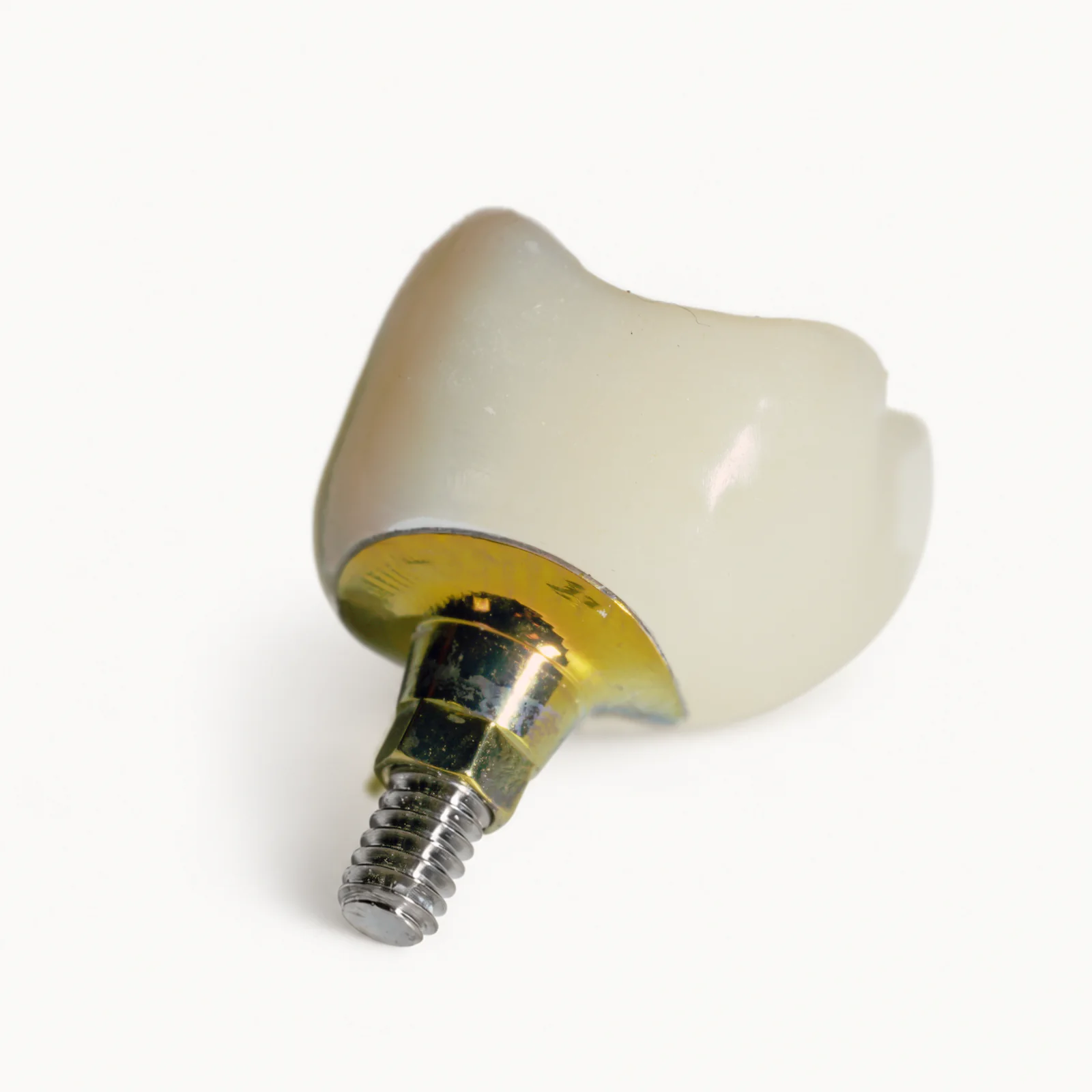 A zirconia implant crown bonded on its custom titanium abutment, the abutment screw below it, on a white ground