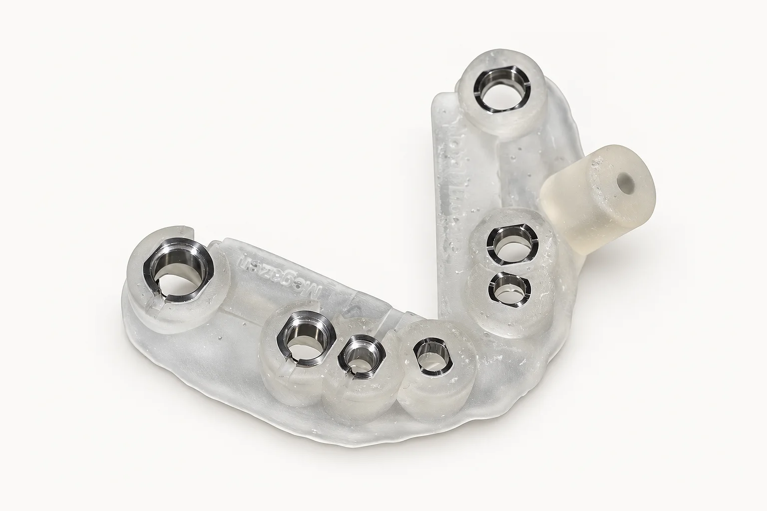 A clear printed linkGuide for a full arch, metal sleeves set in the resin