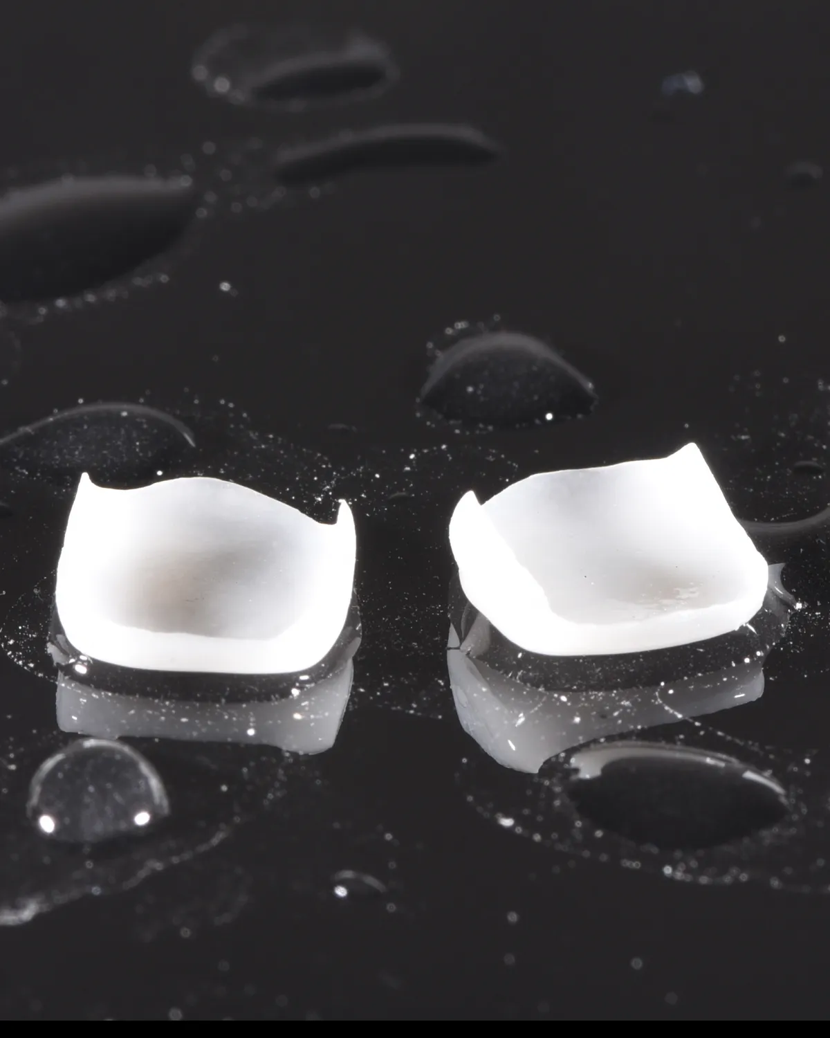 Two feldspathic veneers on a wet black ground, light passing through them