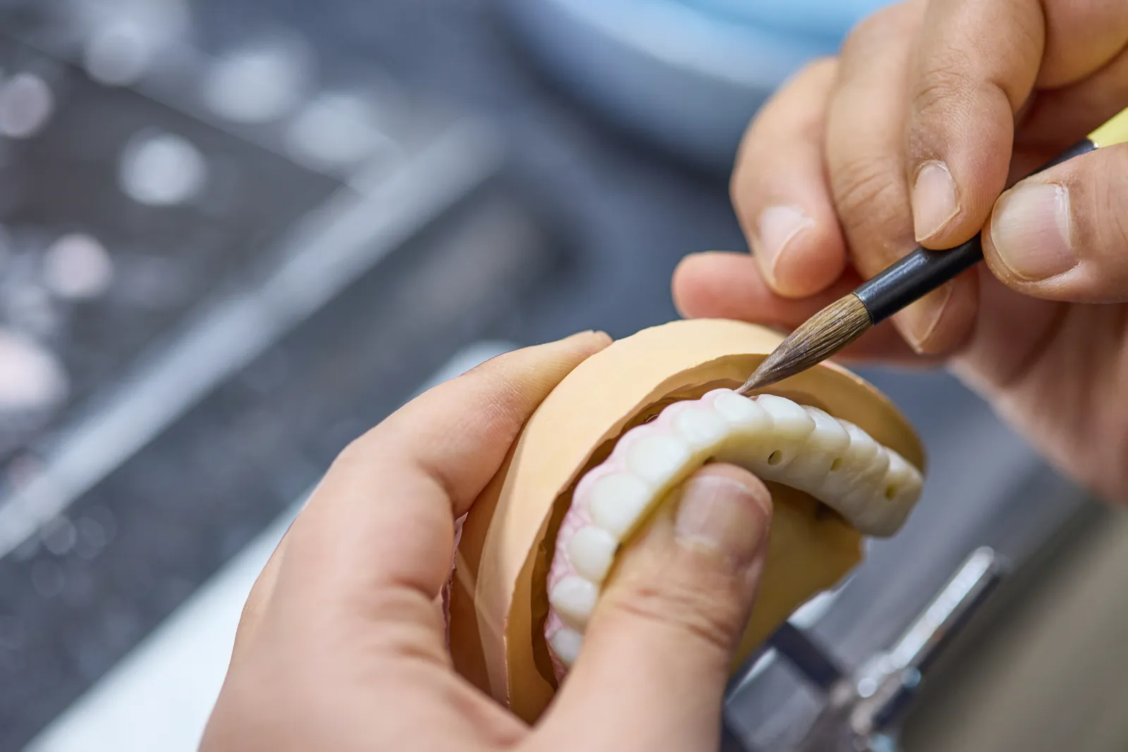 A Dentlink master staining crowns on a model with a fine brush