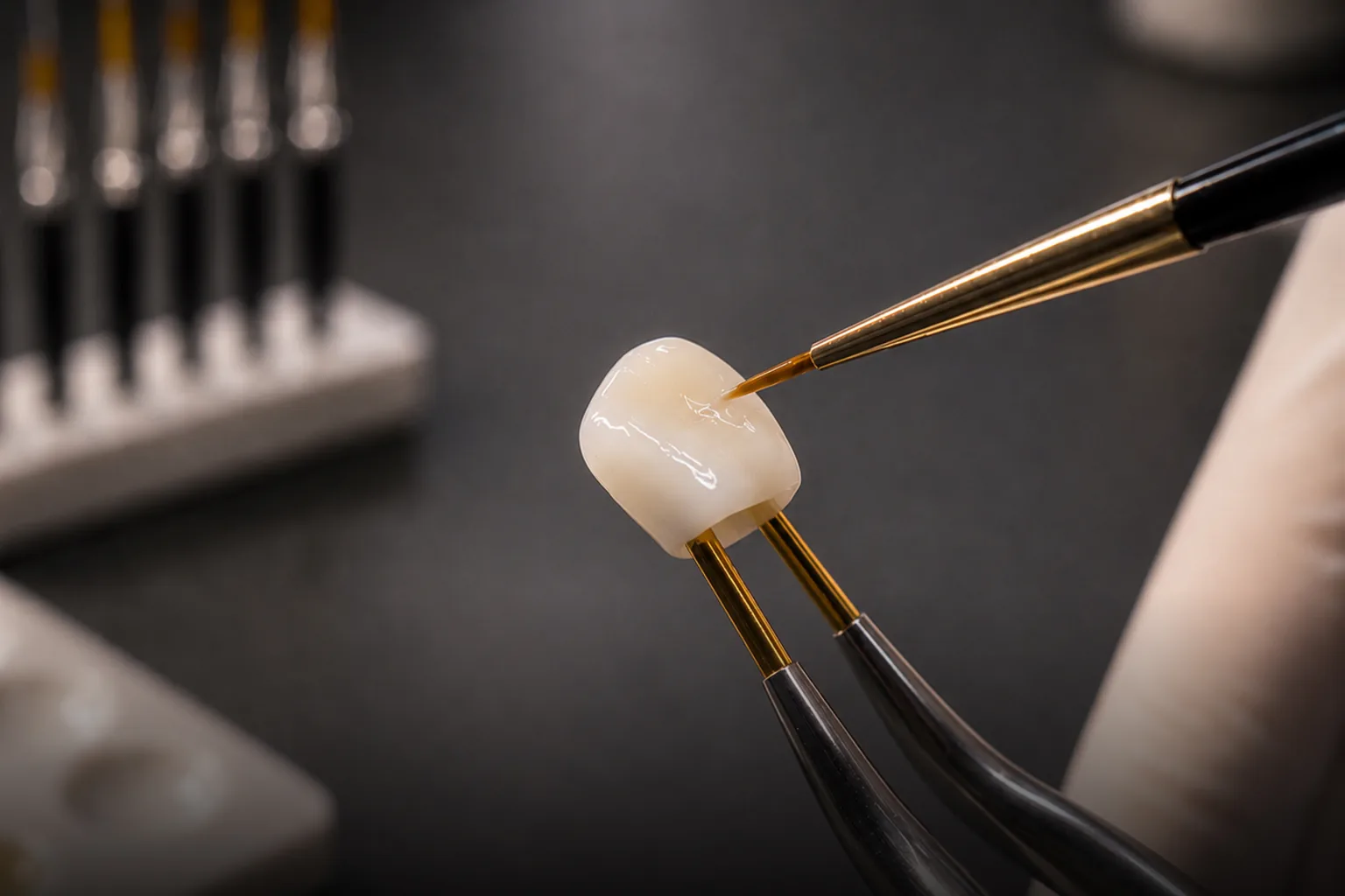 A Dentlink master hand-staining a crown held in tweezers at the bench
