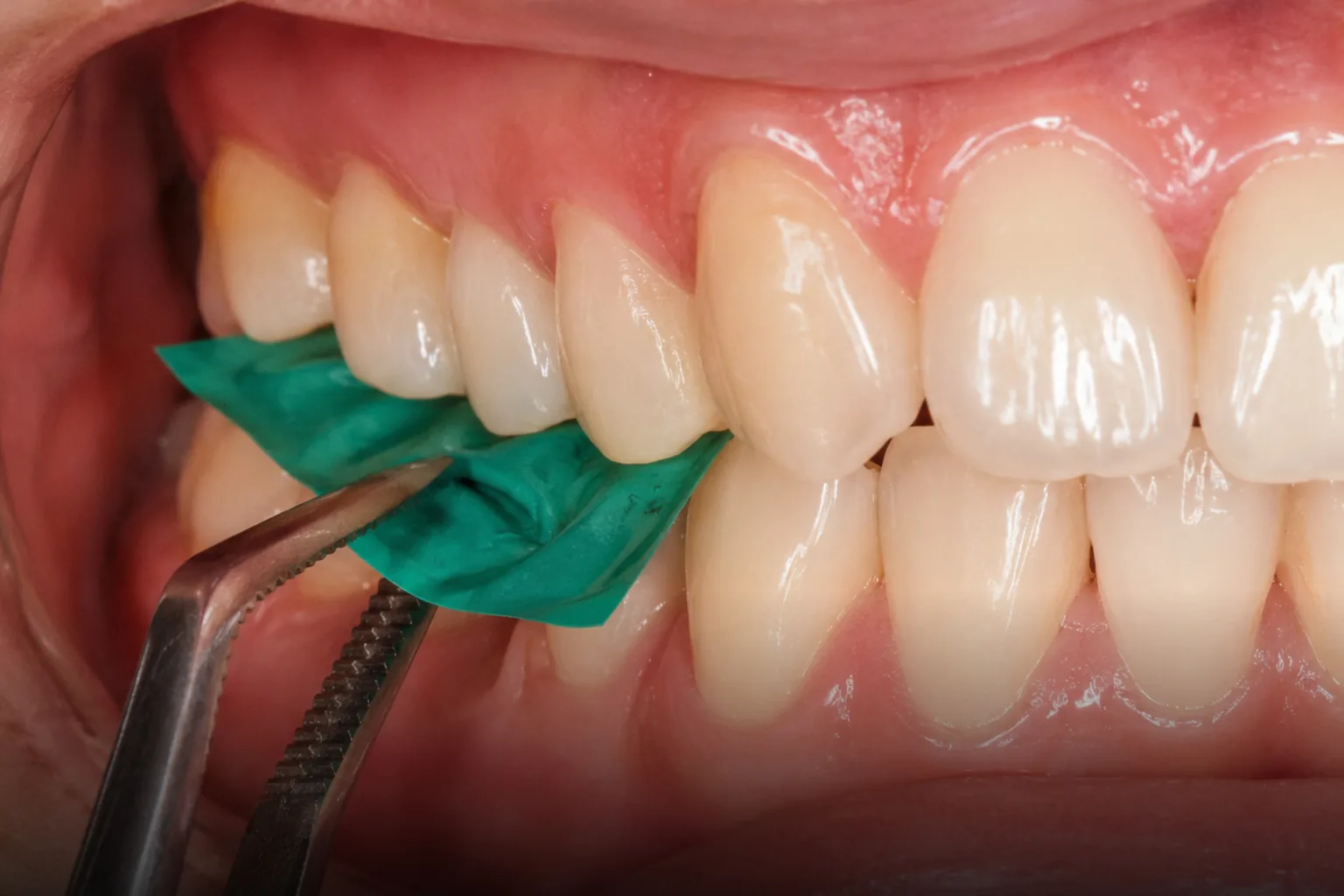 Dentist checking contact and occlusion with articulating foil chairside