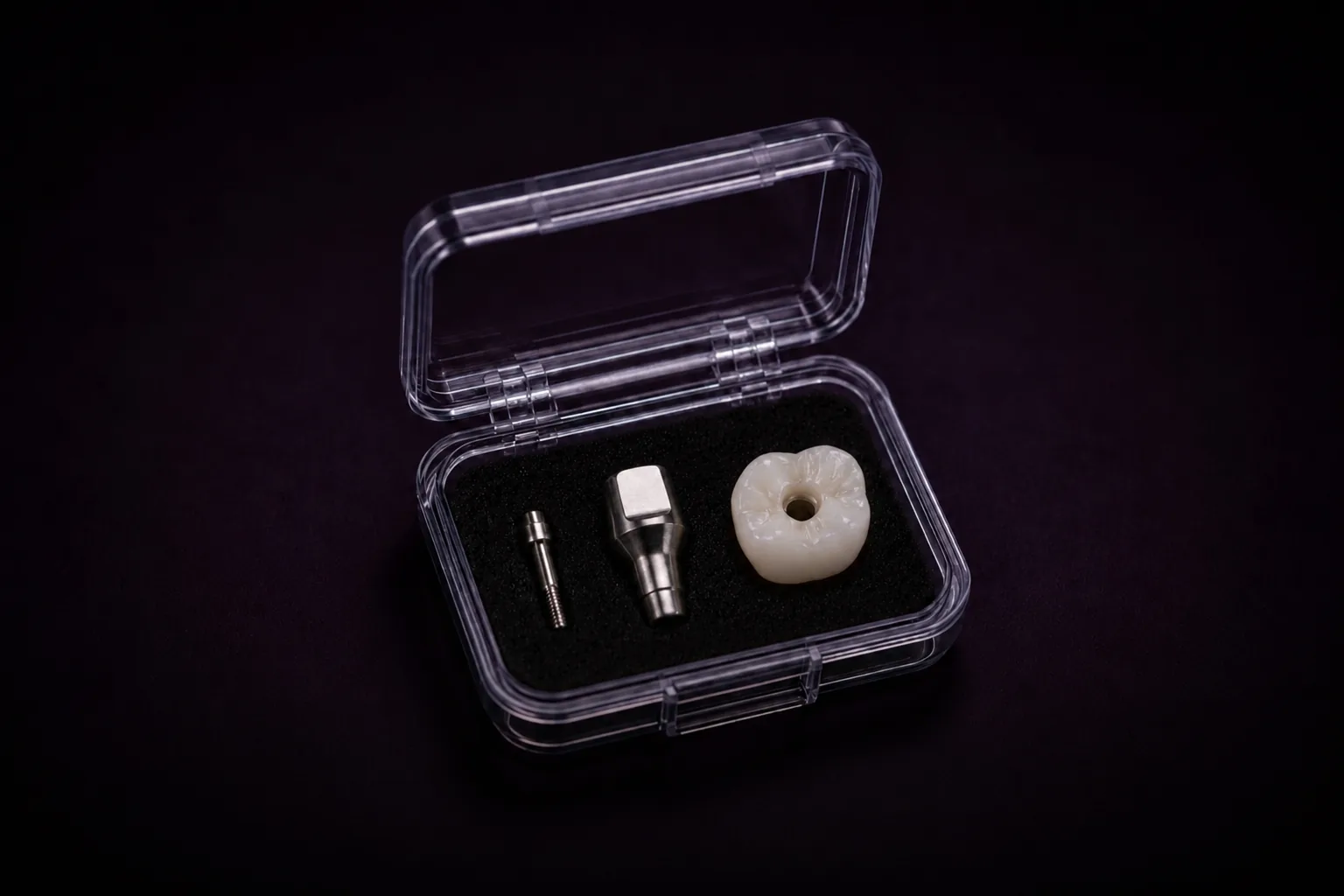 Implant crown, custom abutment and screw packed in their delivery case