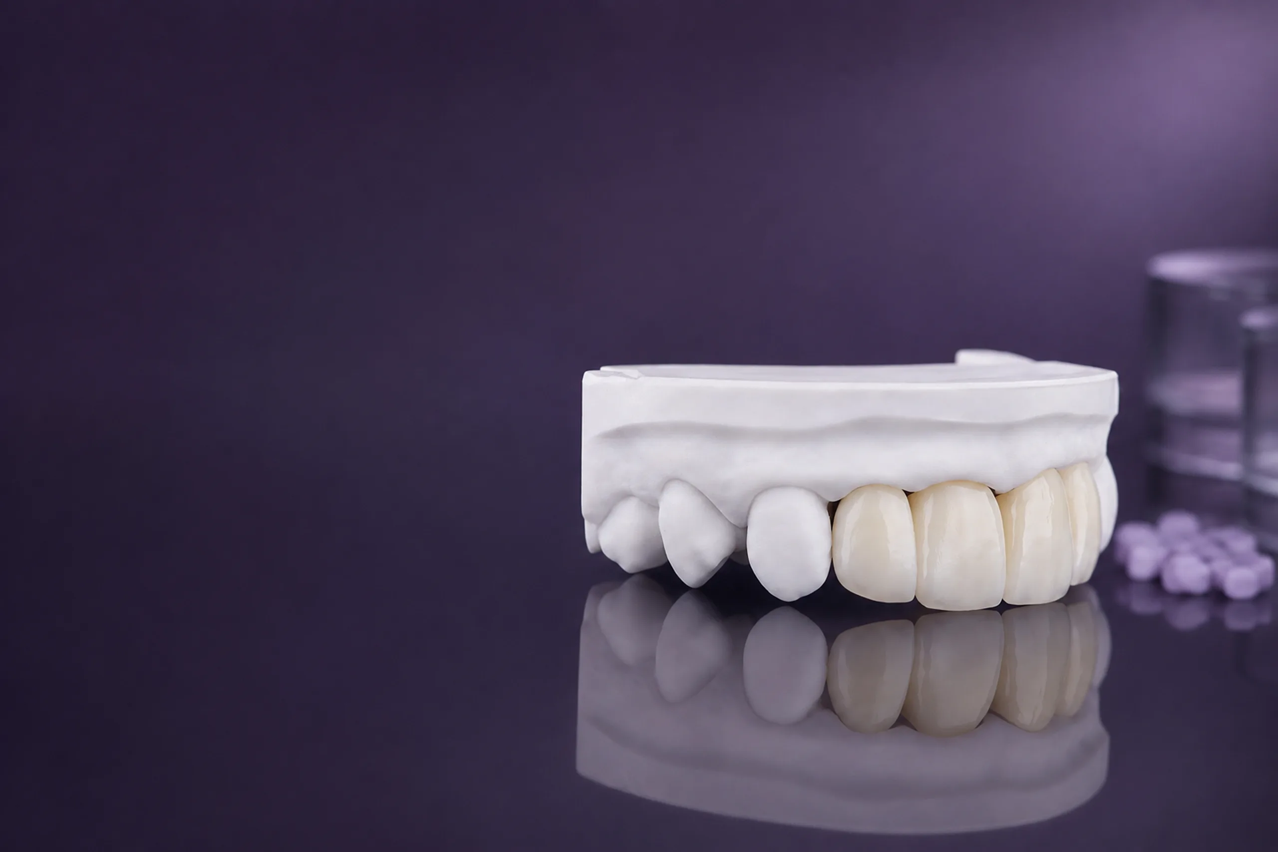 A master model with zirconia crowns seated on the dies