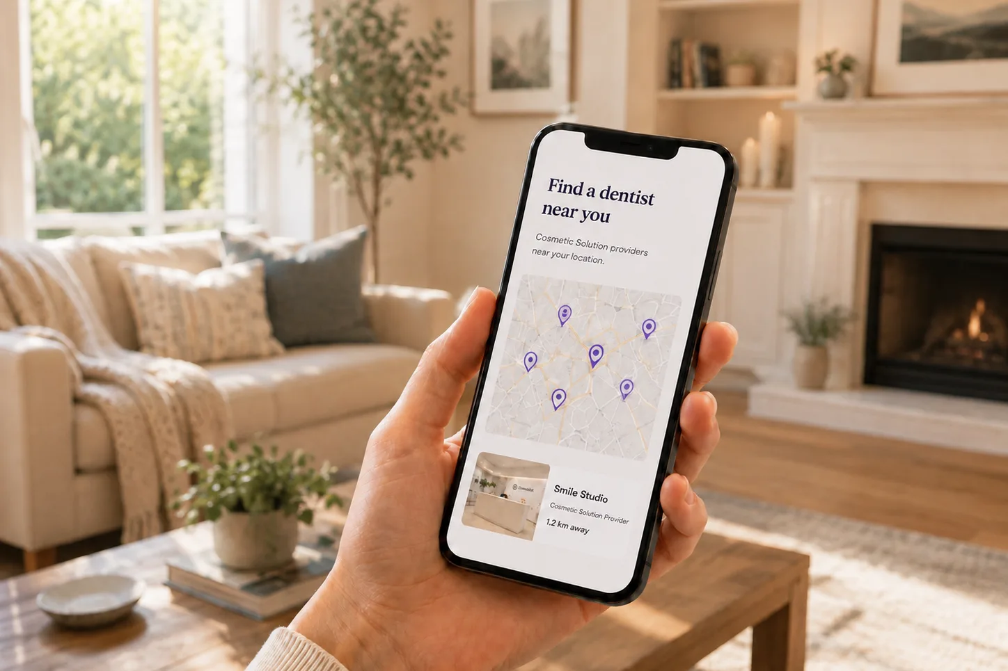 A patient’s hand holding a phone with Find a dentist open, the nearest partner practice pinned