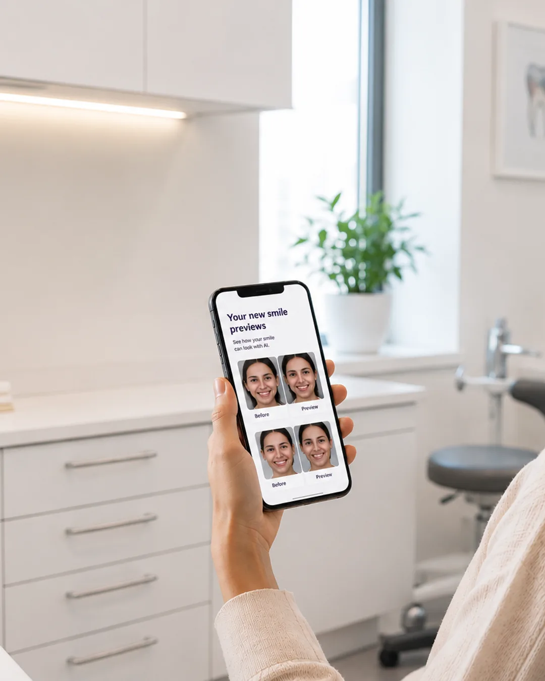 A patient in the chair, looking at her smile previews on a phone