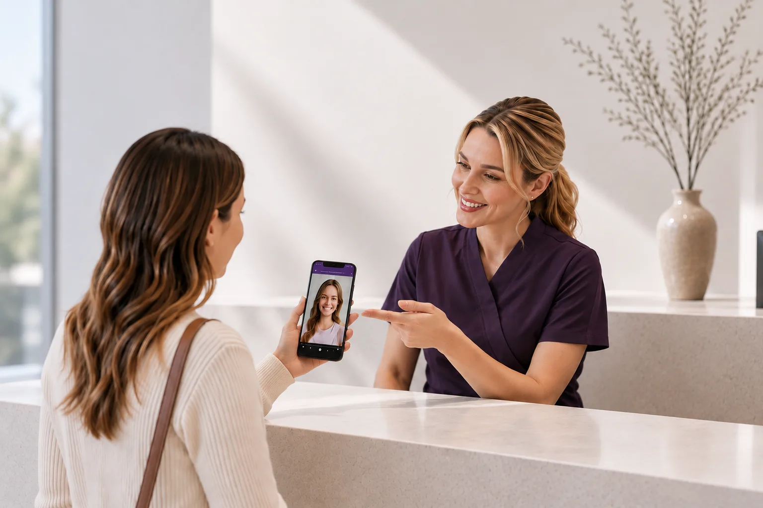 A clinician at the front desk showing a patient her own smile preview on a phone