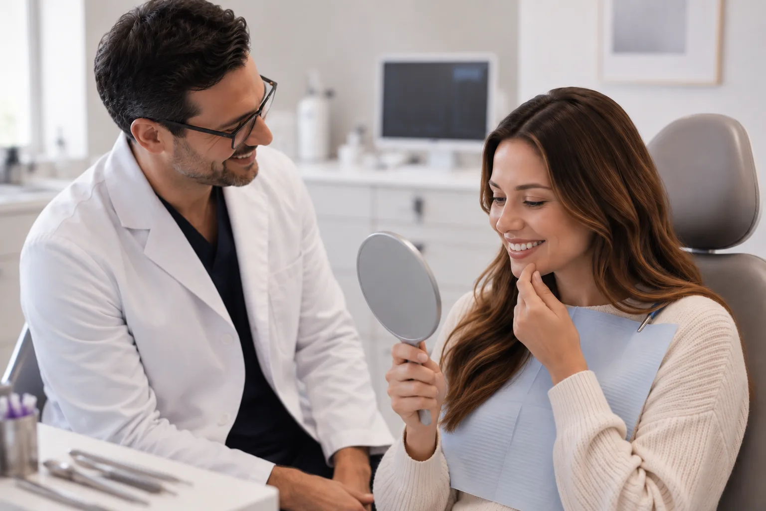 A dentist and a patient with a hand mirror, checking the temporary smile in the chair